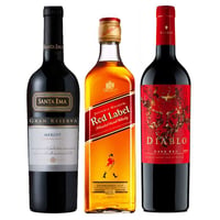 1x Whisky Johnnie Walker Red Label 750cc 40º alc. + 1x Vino Santa Ema Gran Reserva Merlot 750cc + 1x Vino Diablo Dark Red 750cc