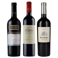 BLACK TRIO N°9: Vino Santa Ema Gran Reserva Carmenere 750cc + Vino Ritual Merlot 750cc + Vino Cousiño Macul Antiguas Reservas Cabernet Sauvignon 750cc