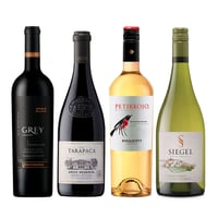 BLACK WINE PACK N°14: Vino Ventisquero Grey Carmenere 750cc + Vino Tarapacá Gran Reserva Cabernet Sauvignon 750cc + Vino Petirrojo Bisquertt Reserva Sauvignon Blanc 750cc + Vino Siegel Gran Reserva Chardonay 750cc