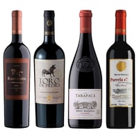 CYBER WINE PACK Nº6: 1x Vino Ramirana La Roblería 750cc + 1x Vino Toro de Piedra Carmenere / Cabernet Sauvignon 750cc + 1x Vino Tarapacá Gran Reserva Carmenere 750cc + 1x Vino Von Siebenthal Parcela 7 Gran Reserva 750cc