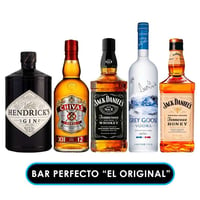 "EL BAR PERFECTO ""EL ORIGINAL"":  Gin Hendricks 700cc + Whisky Chivas Regal 12 años 750cc +  Whiskey Jack Daniels 750cc + Vodka Grey Goose 750cc + Whiskey Jack Daniels Honey 750cc."