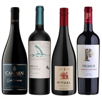 EL PACK DE PEDRO: Vino Carmen Gran Reserva Petite Syrah 750cc + Vino Odfjell Gran Reserva Capítulo Flying Fish (CA/CS/MA) 750cc + Vino Ritual Pinot Noir Orgánico750cc + Vino Primus Cabernet Sauvignon 750 cc