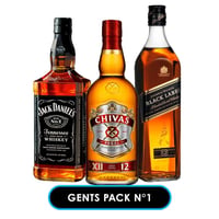 GENTS PACK Nº1: Whiskey Jack Daniels Old N7 750cc 40º alc. + Whisky Chivas Regal 12 años 750cc 40º alc. + Whisky Johnnie Walker Black Label 750cc 40º alc.