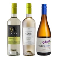 GRAN TRIO SAUVIGNON BLANC Nº3: 1x Vino Aila Heaven Gran Reserva Sauvignon Blanc 750cc + 1x Vino Caiti Gran Reserva Sauvignon Blanc 750cc + 1x Vino Koyle Costa La Flor Gran Reserva Sauvignon Blanc 750cc