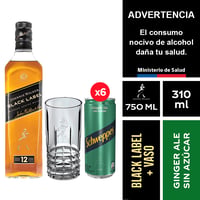 Johnnie Walker Black Label 750 Ml. + Schweppes Ginger Ale Sin Azúcar 6 X 310 Ml. + Vaso Johnnie Walker 390ml.