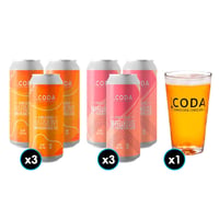 Kit Cerveza Coda: 3x Cerveza CODA Barrelhouse (Pre-Prohibition Lager) Lata 470cc + 3x Cerveza CODA Harmony (American Pale Ale) Lata 470cc + 1x Vaso