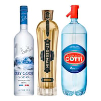LE GRAND FIZZ: 1x Vodka Grey Goose 750cc 40º alc. + 1x Saint Germain Licor de Flores de Sauco 750cc + 1x Agua Soda Cotti 2 Litros