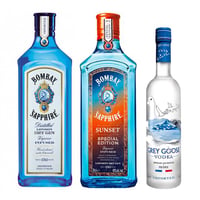 PACK 2 BOMBAY + GREY GOOSE: 1x Gin Bombay Saphire 40° 750 cc + 1x Gin Bombay Sunset 43° 700 cc + Vodka Grey Goose 40° 375 cc