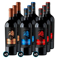 PACK BESTIAS: 3x Vino Bestia Azul Cabernet Sauvignon 750cc + 3x Vino Bestia Negra Cabernet Sauvignon 750cc + 3x Vino Bestia Roja Cabernet Sauvignon 750cc