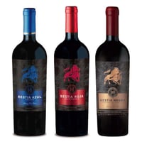 PACK BESTIAS (Cabernet): Vino Bestia Azul Cabernet Sauvignon 750cc + Vino Bestia Roja Gran Reserva Cabernet Sauvignon 750cc + Vino Bestia Negra Cabernet Sauvignon 750cc