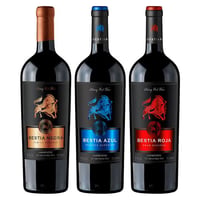 PACK BESTIAS (Carmenere): Vino Bestia Azul Carmenere 750cc + Vino Bestia Roja Gran Reserva Carmenere 750cc + Vino Bestia Negra Carmenere 750cc