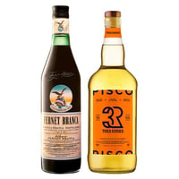 Pack Branca + 3R 750cc:  Licor Fernet Branca 750cc + Pisco Tres Erres 750cc 35º alc.