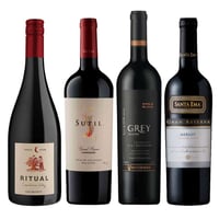 PACK CYBER GRAN PREMIUM: Vino Sutil Gran Reserva Carmenere 750cc + Vino Ritual Pinot Noir Orgánico 750cc + Vino Ventisquero Grey Cabernet Sauvignon 750cc + Vino Santa Ema Gran Reserva Merlot 750cc