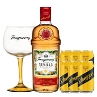 Pack Gin Tanqueray Sevilla + 6 Schweppes + Copa