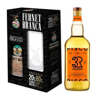 Pack Kit Branca con vaso + 3R 750cc: KIT FERNET: 1x Licor Fernet Branca 750cc + 1x Vaso y Pisco Tres Erres 750cc 35º alc.