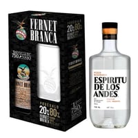Pack Kit Branca con vaso + EDLA: Licor Fernet Branca 750cc + Pisco Espíritu de Los Andes 750cc