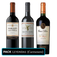 PACK LEYENDAS (Carmenere): Vino Marques de Casa Concha Carmenere 750cc + Vino Montes Alpha Carmenere 750cc + Vino Casa Silva Gran Terroir Carmenere 750cc