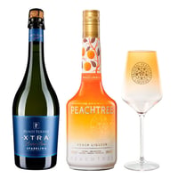 PACK PEACHTREE N°1: 1x Licor Peachtree 700cc 20° alc. + 1x Espumante Punti Ferrer Xtra Brut 750cc 12°alc. + 1x Copa Licor Peachtree