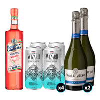 PACK ROMEO E GIULLETTA N°2: 1x Licor Aperitivo Rosato Romeo e Giullietta 750cc + 4x Bebida Premium London Wizard Agua Tónica Zero 355cc + 2x Espumante Valdivieso Brut 750cc