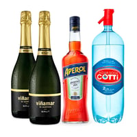 PACK SPRITZ PERFECTO (APEROL - VIÑAMAR): 1x Licor Aperitivo Aperol 750cc + 2x Espumante Viñamar Charmat Brut 750cc + 1x Agua Soda Cotti 2 Litros