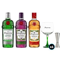 PACK TANQUERAY: 1x Gin Tanqueray 700cc 43.1ºalc.+1x Gin Tanqueray Royale 700cc +1x Gin Tanqueray Sevilla 700cc +6x Copón Vidrio Tanqueray +1x Jigger JW