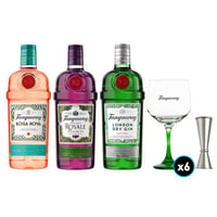 PACK TANQUERAY: 1x Gin Tanqueray 700cc 43.1ºalc+ 1x Gin Tanqueray Bossa Nova 700cc +1x Gin Tanqueray Royale 700cc +6x Copón Vidrio Tanqueray +1x Jigger JW