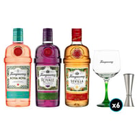 PACK TANQUERAY: 1x Gin Tanqueray Bossa Nova 700cc +1x Gin Tanqueray Royale 700cc +1x Gin Tanqueray Sevilla 700cc +6x Copón Vidrio Tanqueray +1x Jigger JW