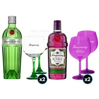 PACK TANQUERAY: 1x Gin Tanqueray N°10 750cc + 2x Copa Vidrio Tanqueray + 1x Gin Tanqueray Royale 700cc + 2x Copa Acrilica Royal