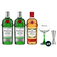 PACK TANQUERAY: 2x Gin Tanqueray 700cc 43.1ºalc +1x Gin Tanqueray Sevilla 700cc +4x Copón Vidrio Tanqueray +1x Jigger JW