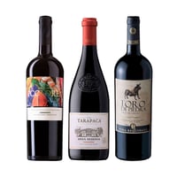 PACK TINTOS TRIO ATÓMICO: Vino Toro de Piedra Cabernet Sauvignon 750cc + Vino 7 Colores Gran Reserva Carmenere 750cc + Vino Tarapacá Gran Reserva Carmenere 750cc