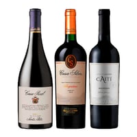 PACK TRIO CASAS CAITI: 1x Vino Casa Real Syrah 750cc + 1x Vino Casa Silva Gran Terroir Merlot 750cc + 1x Vino Caiti Gran Reserva Carmenere 750cc