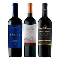 PACK TRIO GR (Carmenere): Vino Panul Gran reserva Carmenere 750cc + Vino MonteFranco Gran Etiqueta Negra Carmenere 750cc + Vino Castillo de Molina Gran Reserva Carmenere 750cc