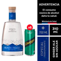 Pisco Monte Fraile Transparente 37,5° 700 Ml. + Schweppes Ginger Ale Sin Azúcar 6 X 310 Ml