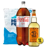 Pisco Tres Erres 35° 1l + Coca Cola Light 3l + Hielo 2kg