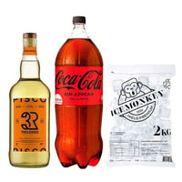 PROMO 3R 1L + BEBIDA ZERO 3L + HIELO: Pisco Tres Erres 1 Litro 35° alc. + Bebida Coca Cola Zero Azúcar 3 L + Hielo Ice Monkey 2 kg.