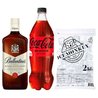 PROMO BALLANTINES FINEST 750cc + BEBIDA ZERO 1500cc + HIELO: Whisky Ballantines Finest 750cc 40º alc. + Bebida Coca Cola Zero Azúcar 1.5 L + Hielo Ice Monkey 2 kg.