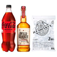 PROMO BOURBON WILD TURKEY + BEBIDA ZERO 1500cc + HIELO: Whiskey Bourbon Wild Turkey 750cc + Bebida Coca Cola Zero Azúcar 1.5 L + Hielo Ice Monkey 2 kg.
