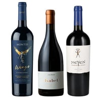 TRIO MONTES - NEYEN - BAUZA: 1x Vino Montes Wings Carmenere 750cc + 1x Vino Neyen de Apalta Blend 750cc + 1x Vino Casa Bauzá Isabel 750cc