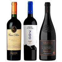 TRIO PREMIUM N°4: 1x Vino Andes Plateau 700 High Altitude Red Blend 750cc + 1x Vino Tarapacá Etiqueta Negra Cabernet Sauvignon 750cc + Vino Casa Silva Gran Terroir Carmenere 750cc