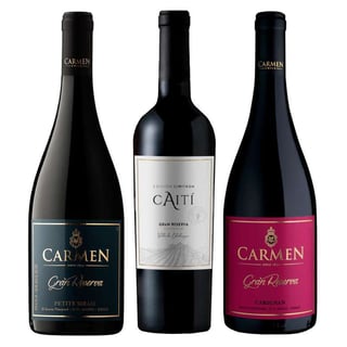 1x Vino Carmen Gran Reserva Petite Syrah 750cc + 1x Vino Caiti Gran Reserva Carmenere 750cc + 1x Vino Carmen Gran Reserva Carignan 750cc
