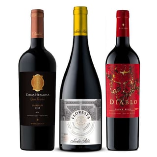 1x Vino Chocalan Dama Hermosa Gran Reserva Carmenere 750cc + 1x Vino Floresta Cabernet Sauvignon 750cc + 1x Vino Diablo Dark Red 750cc
