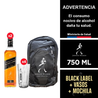 2 Johnnie Walker Black Label 750 Ml. + 4 Vasos + Mochila