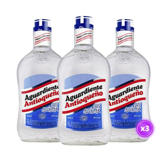 3x Aguardiente Colombiano Antioqueño - Sin Azúcar Tapa Azul - 750ml