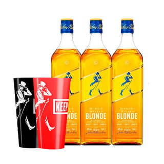 3x Whisky Johnnie Walker Blonde 750cc 40º alc. + 2x Vaso Acrílico Johnnie Keep Walking 