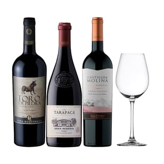 Arma tu Pack - 3x Vino Gran Reserva Tarapacá / Toro de Piedra / Castillo de Molina 750cc + Copa de Regalo