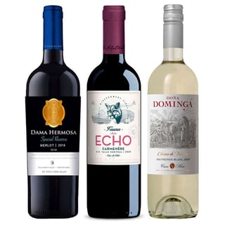 BLACK TRIO N°10: Vino Echo Fauna Carmenere 750cc + Vino Chocalan Special Reserve Merlot 750cc + Vino Doña Dominga Clásico de Familia Sauvignon Blanc 750cc