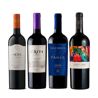 BLACK WINE PACK N°4: Vino 7 Colores Gran Reserva Carmenere 750cc + Vino Caiti Gran Reserva Carmenere 750cc + Vino Panul Gran reserva Carmenere 750cc + Vino La Joya Bisquertt Gran Reserva Carmenere 750cc 