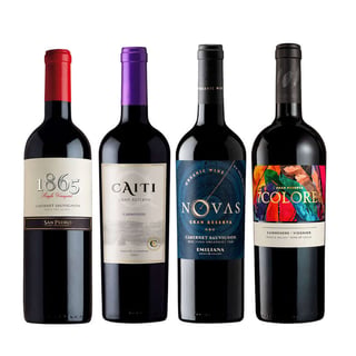 BLACK WINE PACK N°5: Vino 7 Colores Gran Reserva Carmenere 750cc + Vino Caiti Gran Reserva Carmenere 750cc + Vino Novas Gran Reserva Cabernet Sauvignon 750cc + Vino 1865 Single Vineyard Cabernet Sauvignon 750cc