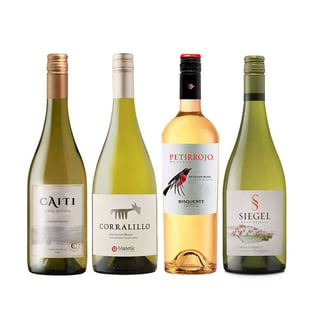 BLACK WINE PACK N°9:  Vino Caiti Gran Reserva Chardonnay 750cc + Vino Matetic Corralillo Sauvignon Blanc 750cc + Vino Petirrojo Bisquertt Reserva Sauvignon Blanc 750cc + Vino Siegel Gran Reserva Chardonay 750cc