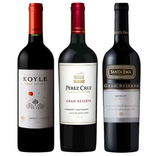 CYBER WINE PACK Nº13: 1x Vino Koyle Gran Reserva Cabernet Sauvignon 750cc + 1x Vino Perez Cruz Gran Reserva Cabernet Sauvignon 750cc + 1x Vino Santa Ema Gran Reserva Merlot 750cc